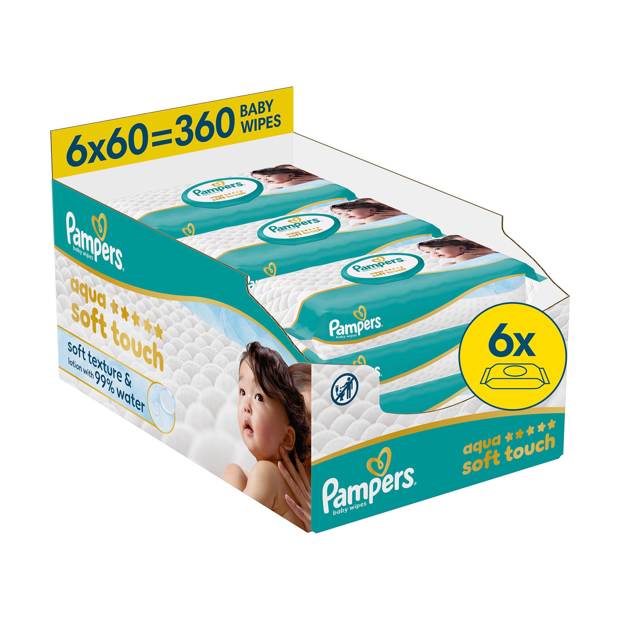Дитячі вологі серветки Pampers Aqua Soft Touch, 6*60 шт